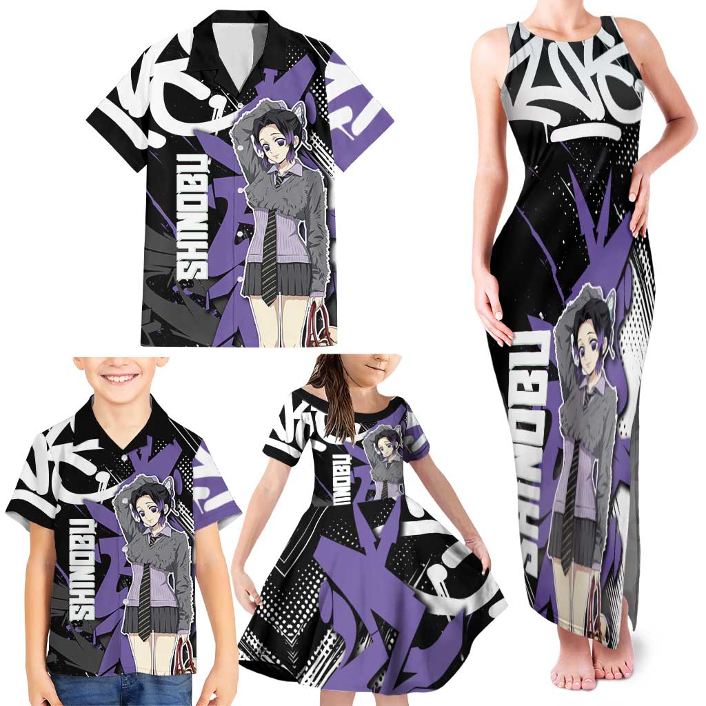 Kocho Shinobu Demon Slayer Family Matching Tank Maxi Dress and Hawaiian Shirt Purple & Black Graffiti Anime
