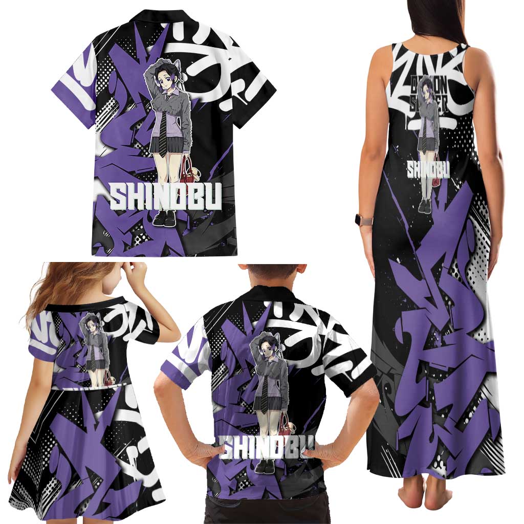 Kocho Shinobu Demon Slayer Family Matching Tank Maxi Dress and Hawaiian Shirt Purple & Black Graffiti Anime