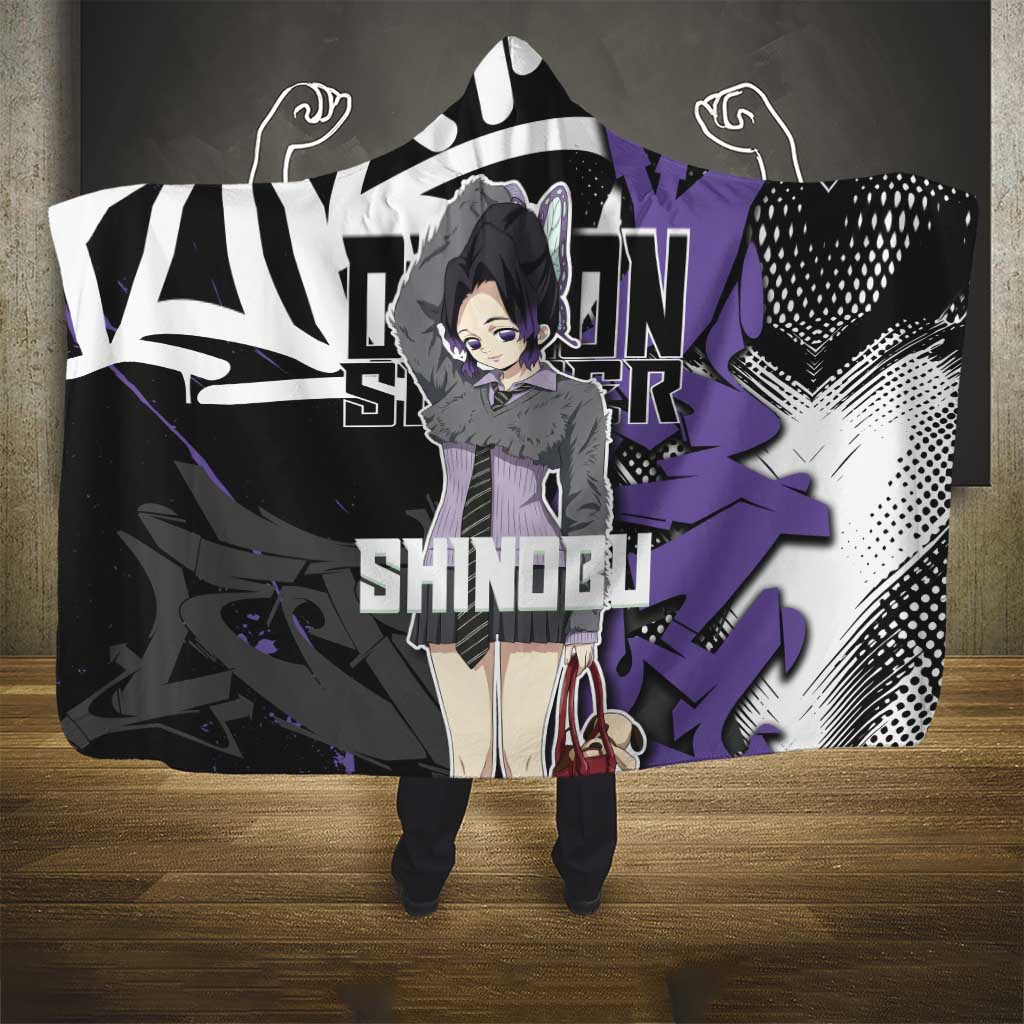 Kocho Shinobu Demon Slayer Hooded Blanket Purple & Black Graffiti Anime