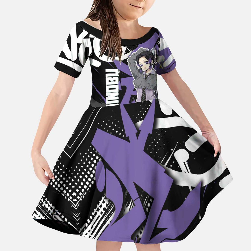 Kocho Shinobu Demon Slayer Kid Short Sleeve Dress Purple & Black Graffiti Anime