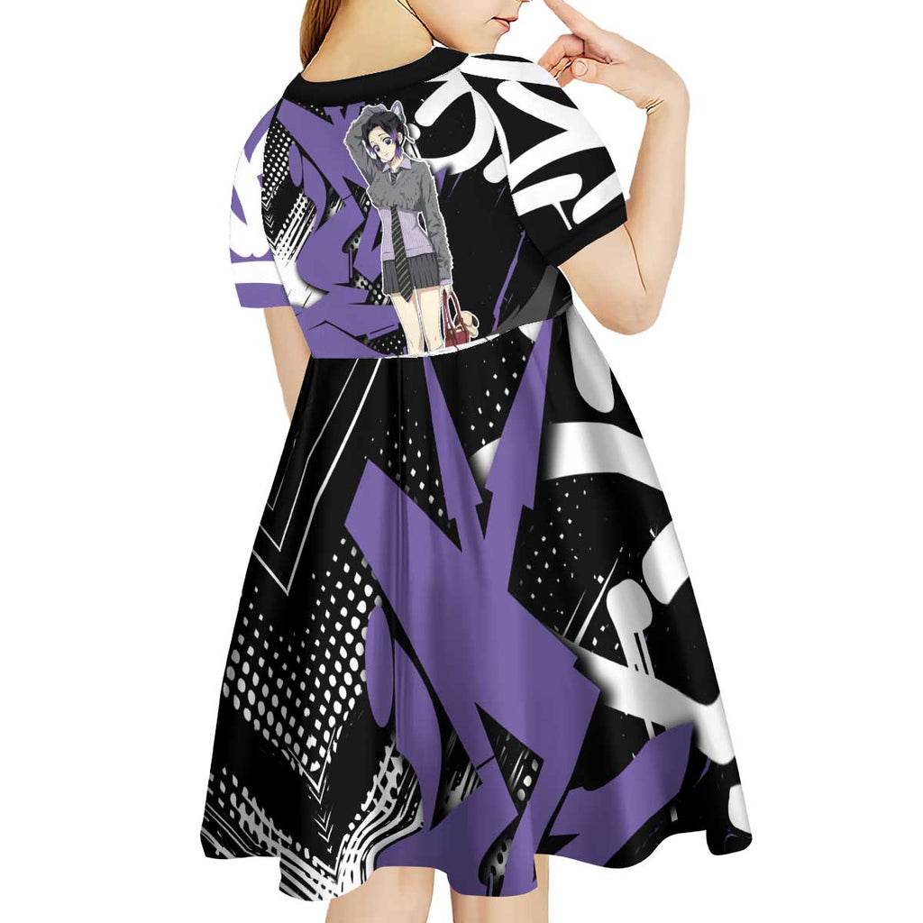 Kocho Shinobu Demon Slayer Kid Short Sleeve Dress Purple & Black Graffiti Anime