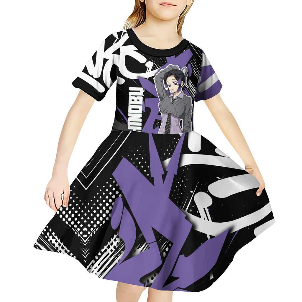 Kocho Shinobu Demon Slayer Kid Short Sleeve Dress Purple & Black Graffiti Anime