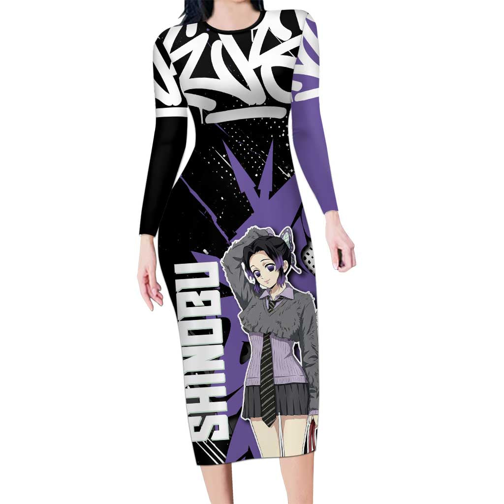 Kocho Shinobu Demon Slayer Long Sleeve Bodycon Dress Purple & Black Graffiti Anime