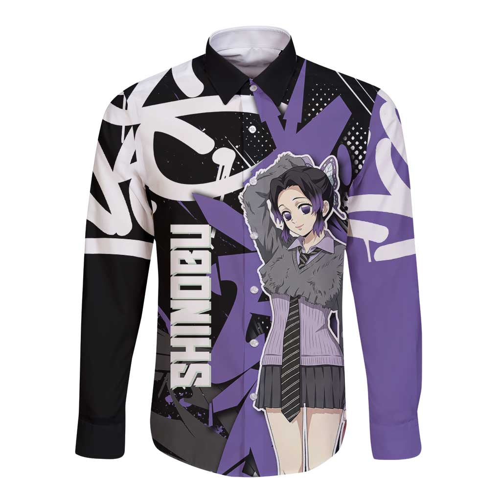 Kocho Shinobu Demon Slayer Long Sleeve Button Shirt Purple & Black Graffiti Anime
