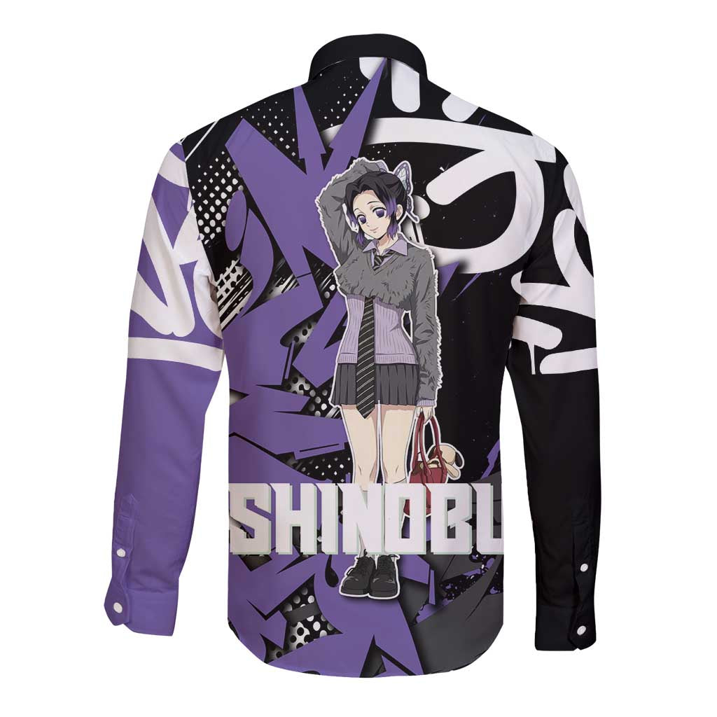 Kocho Shinobu Demon Slayer Long Sleeve Button Shirt Purple & Black Graffiti Anime