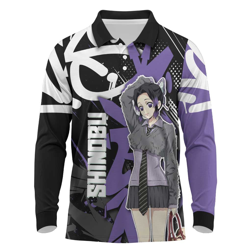Kocho Shinobu Demon Slayer Long Sleeve Polo Shirt Purple & Black Graffiti Anime