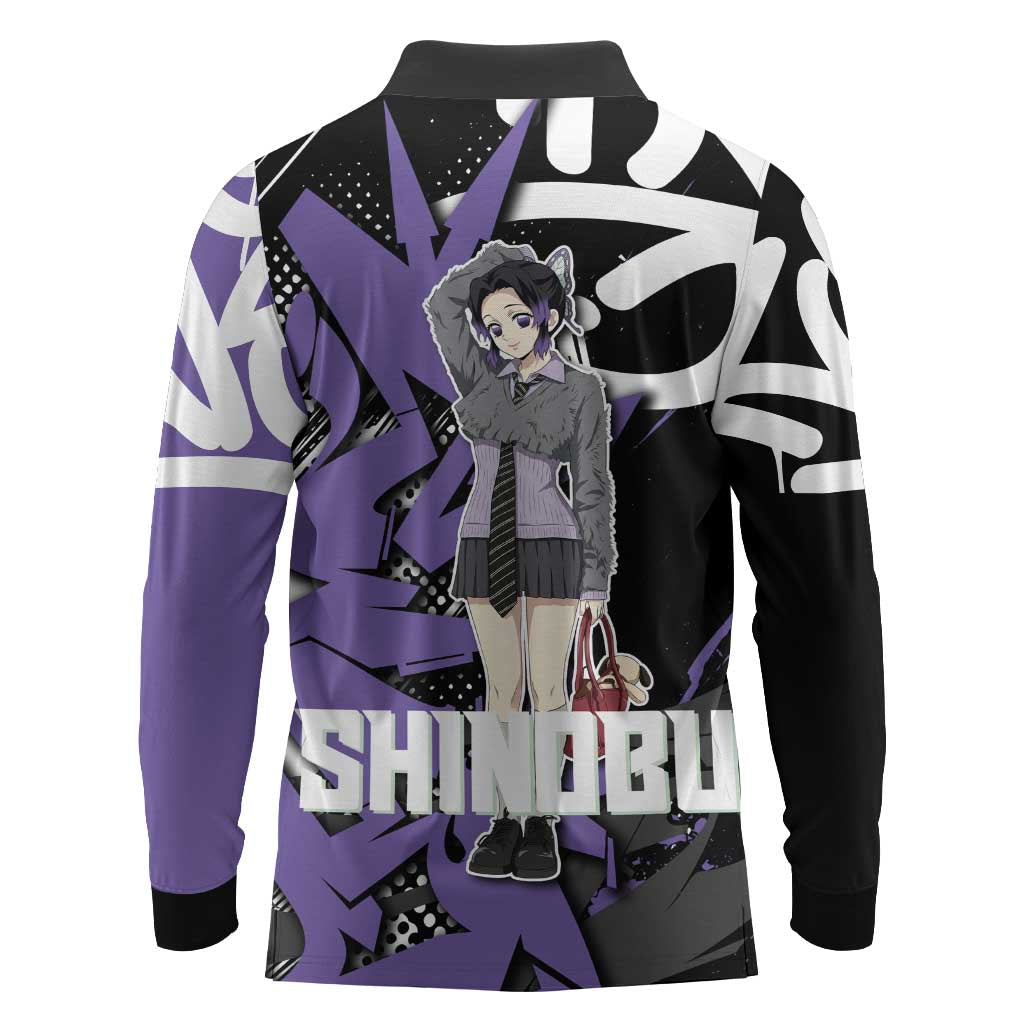 Kocho Shinobu Demon Slayer Long Sleeve Polo Shirt Purple & Black Graffiti Anime