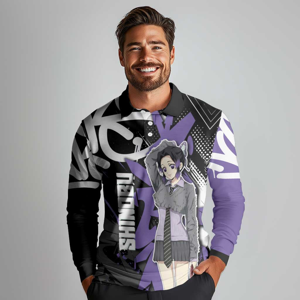 Kocho Shinobu Demon Slayer Long Sleeve Polo Shirt Purple & Black Graffiti Anime