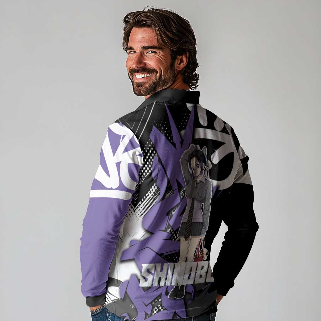 Kocho Shinobu Demon Slayer Long Sleeve Polo Shirt Purple & Black Graffiti Anime