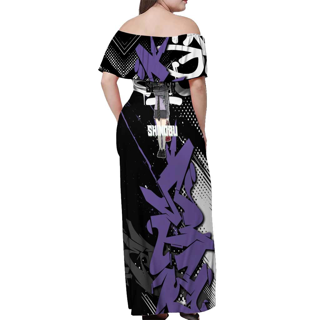 Kocho Shinobu Demon Slayer Off Shoulder Maxi Dress Purple & Black Graffiti Anime