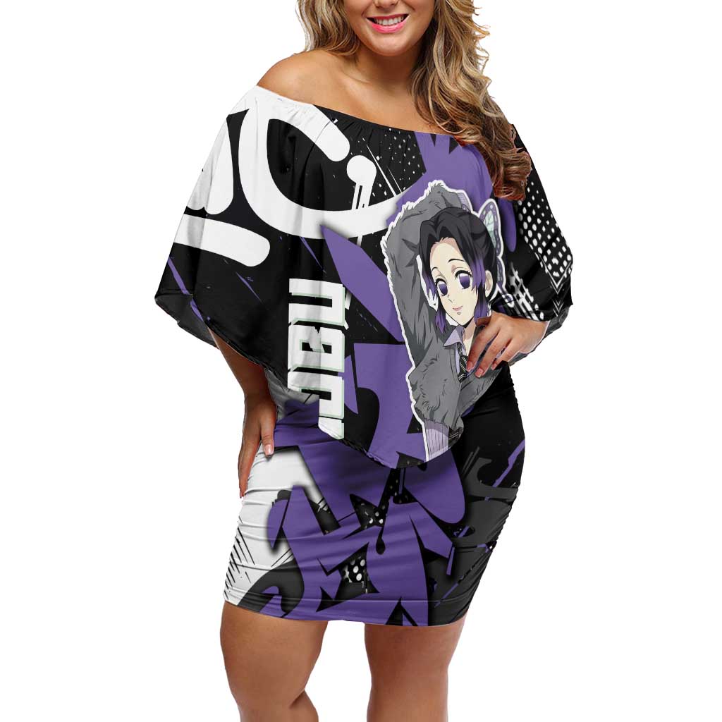 Kocho Shinobu Demon Slayer Off Shoulder Short Dress Purple & Black Graffiti Anime