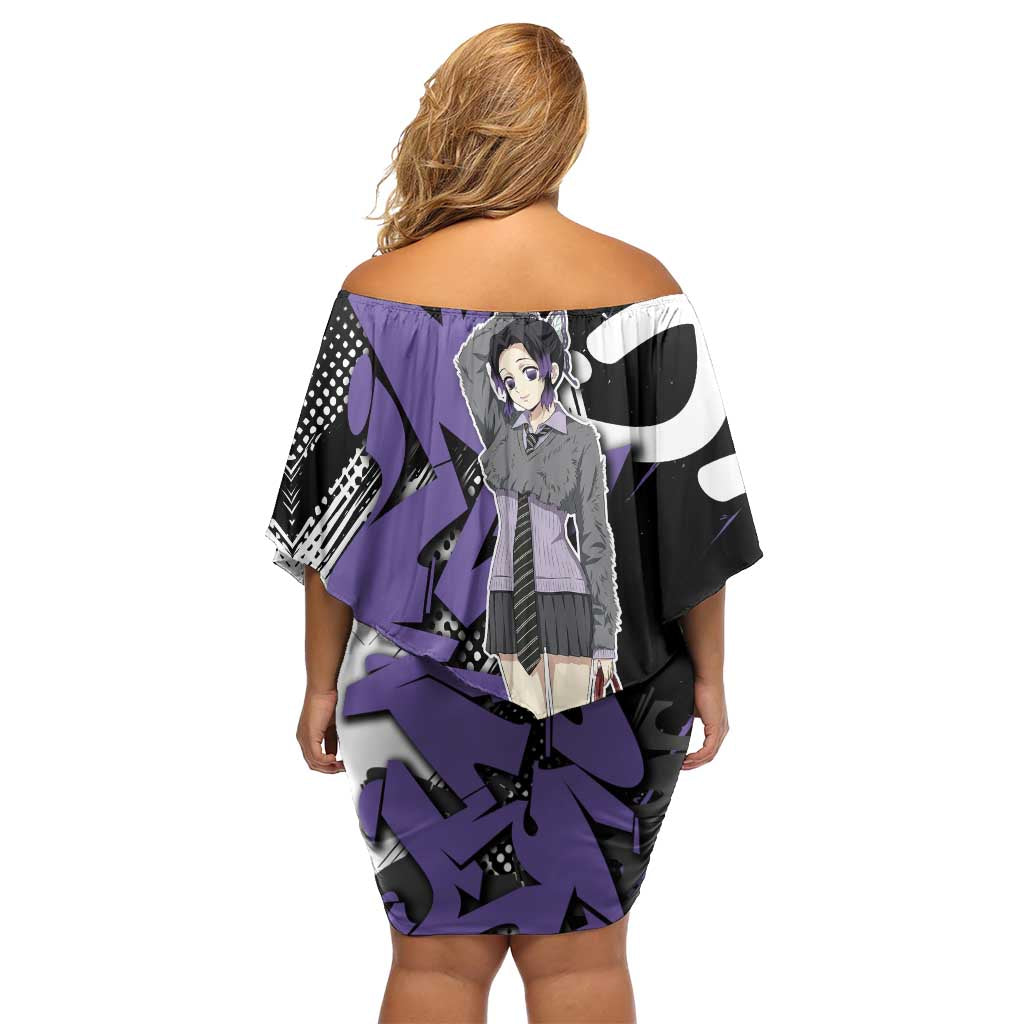 Kocho Shinobu Demon Slayer Off Shoulder Short Dress Purple & Black Graffiti Anime
