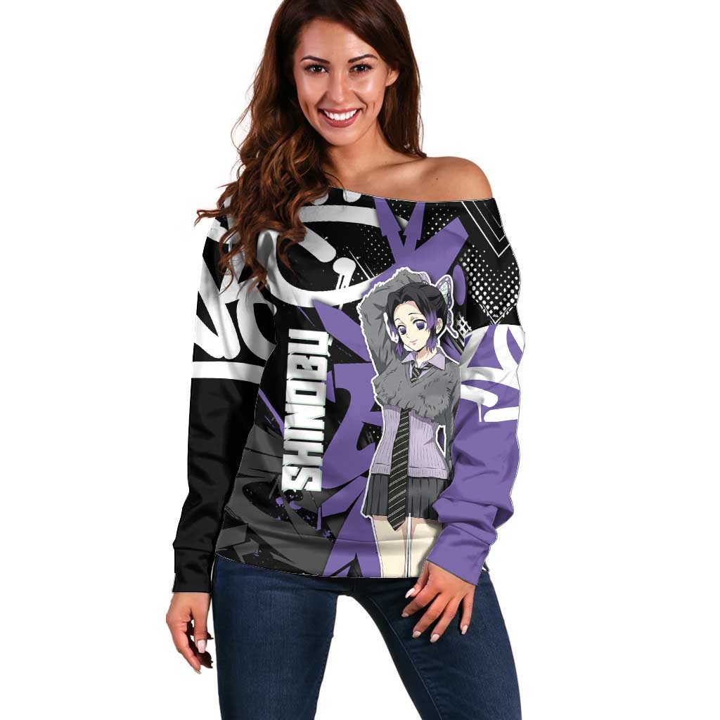 Kocho Shinobu Demon Slayer Off Shoulder Sweater Purple & Black Graffiti Anime