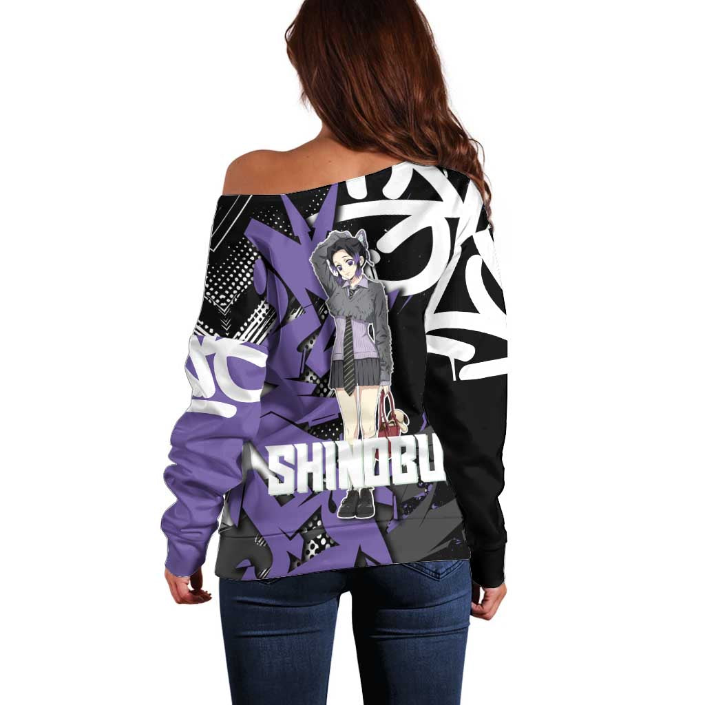 Kocho Shinobu Demon Slayer Off Shoulder Sweater Purple & Black Graffiti Anime