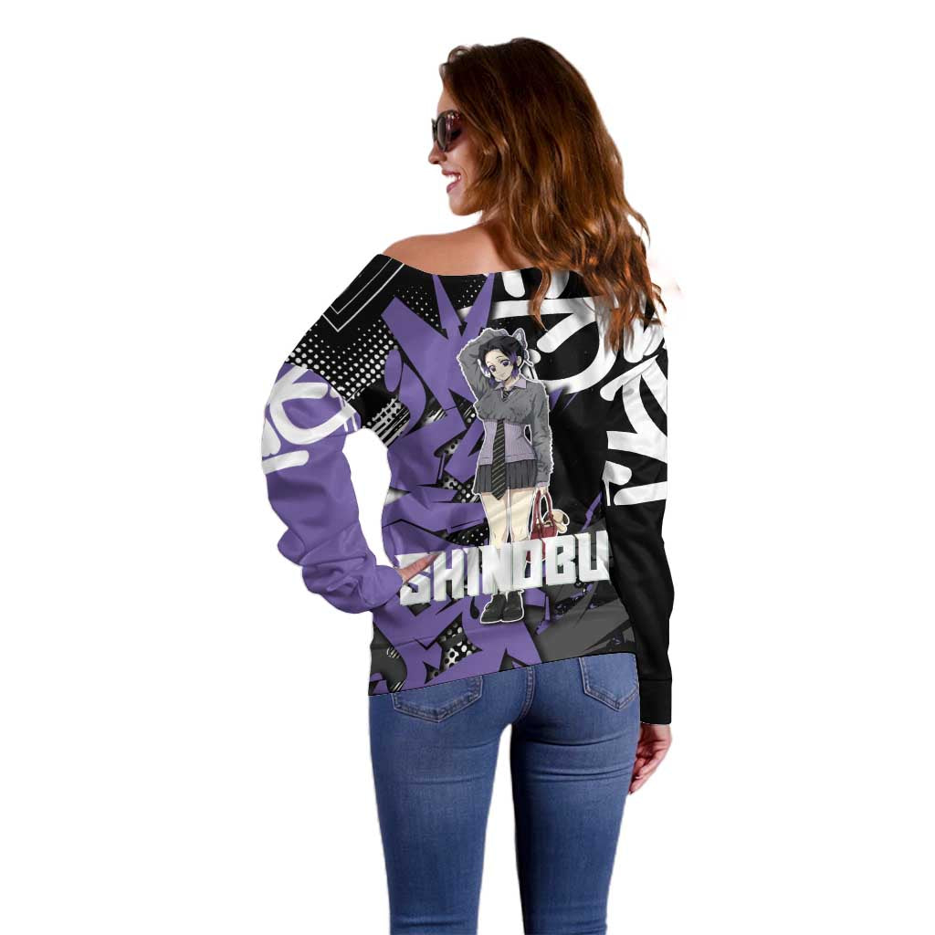 Kocho Shinobu Demon Slayer Off Shoulder Sweater Purple & Black Graffiti Anime