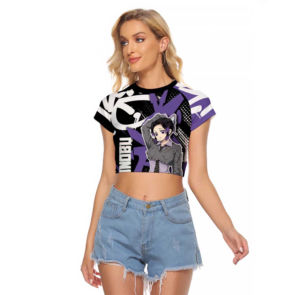 Kocho Shinobu Demon Slayer Raglan Cropped T Shirt Purple & Black Graffiti Anime