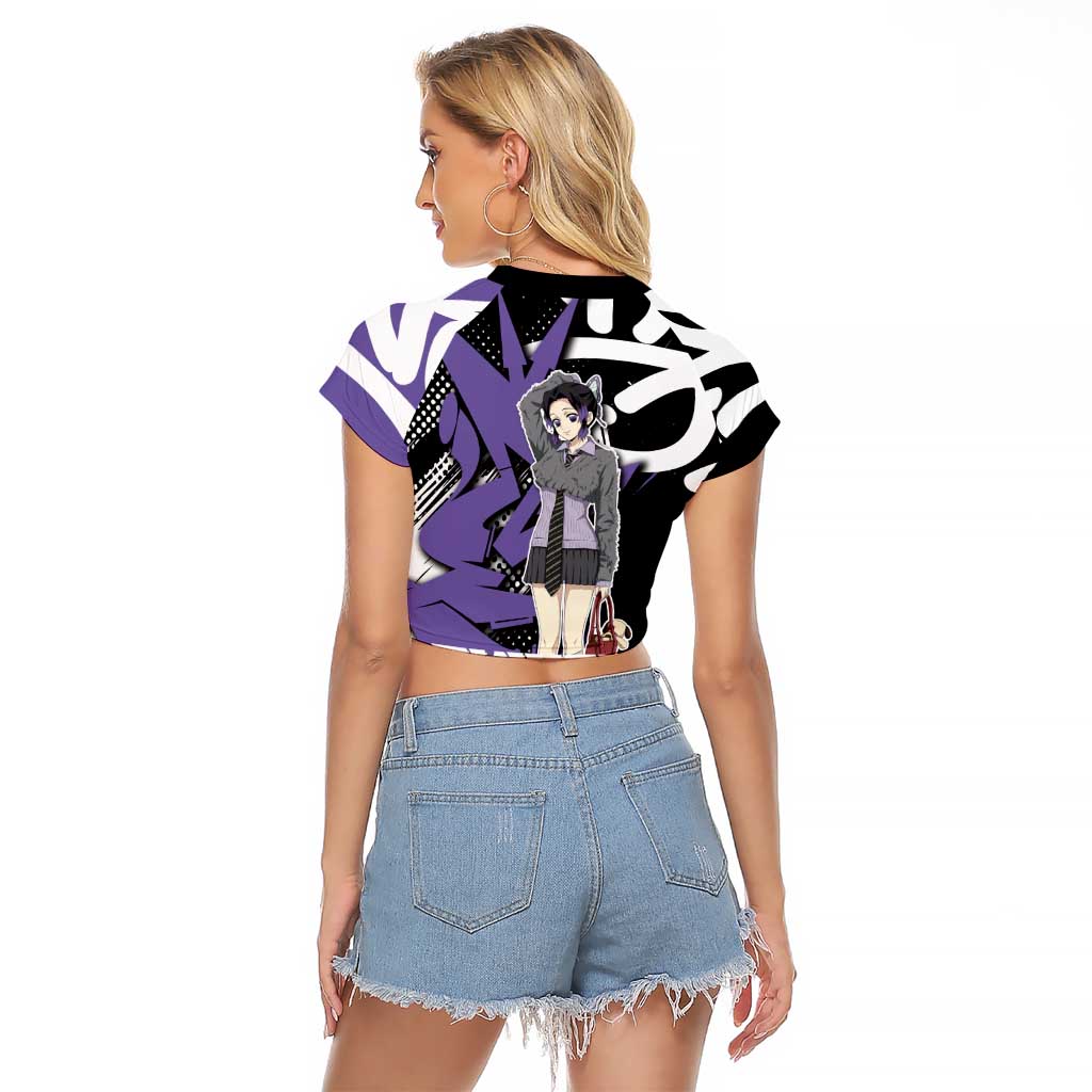Kocho Shinobu Demon Slayer Raglan Cropped T Shirt Purple & Black Graffiti Anime