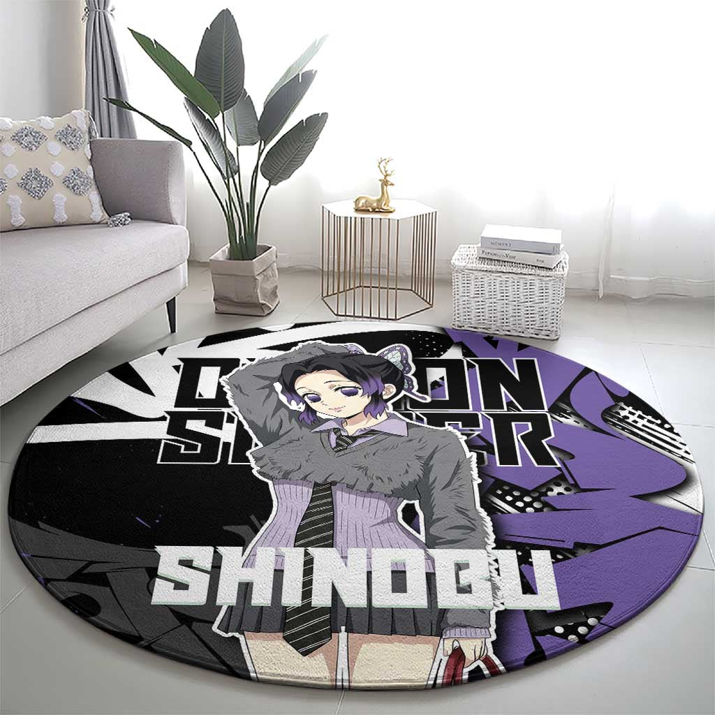 Kocho Shinobu Demon Slayer Round Carpet Purple & Black Graffiti Anime