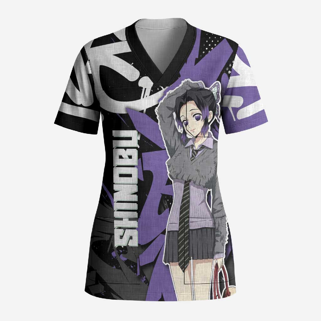 Kocho Shinobu Demon Slayer Scrub Top Purple & Black Graffiti Anime