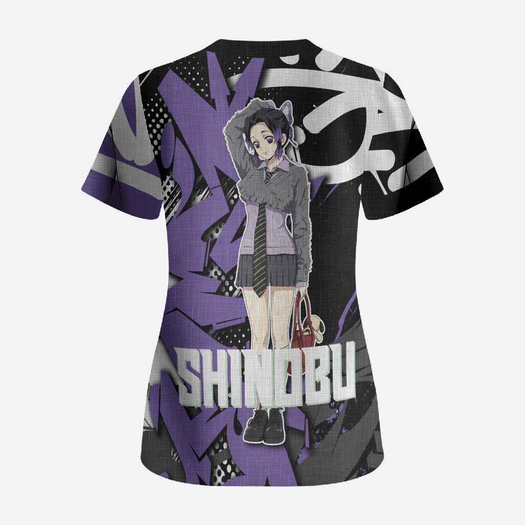 Kocho Shinobu Demon Slayer Scrub Top Purple & Black Graffiti Anime