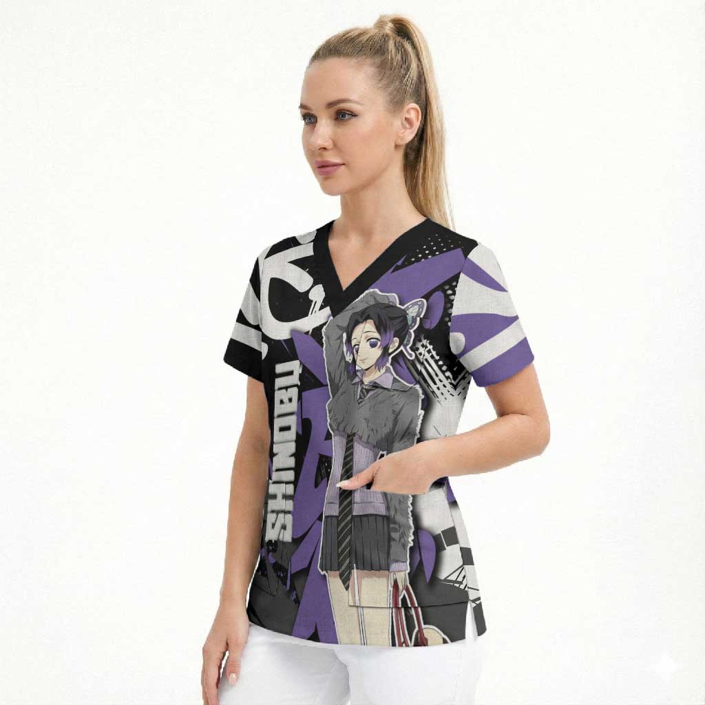 Kocho Shinobu Demon Slayer Scrub Top Purple & Black Graffiti Anime