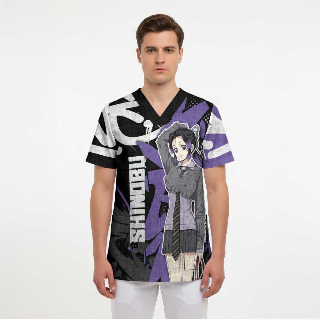Kocho Shinobu Demon Slayer Scrub Top Purple & Black Graffiti Anime