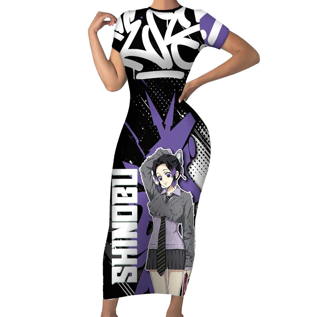 Kocho Shinobu Demon Slayer Short Sleeve Bodycon Dress Purple & Black Graffiti Anime