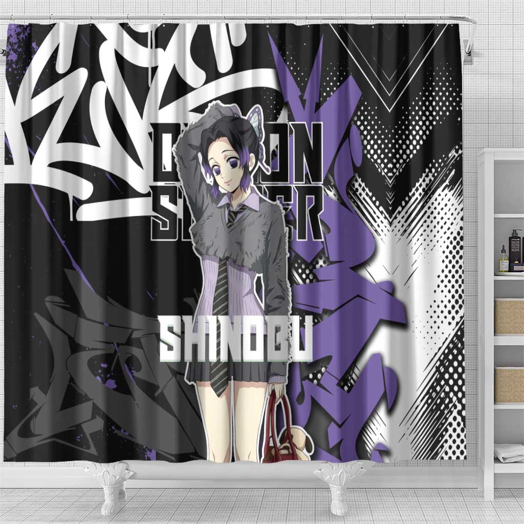 Kocho Shinobu Demon Slayer Shower Curtain Purple & Black Graffiti Anime