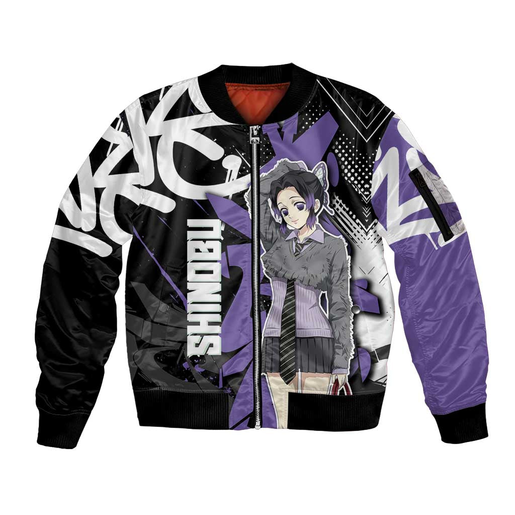 Kocho Shinobu Demon Slayer Sleeve Zip Bomber Jacket Purple & Black Graffiti Anime