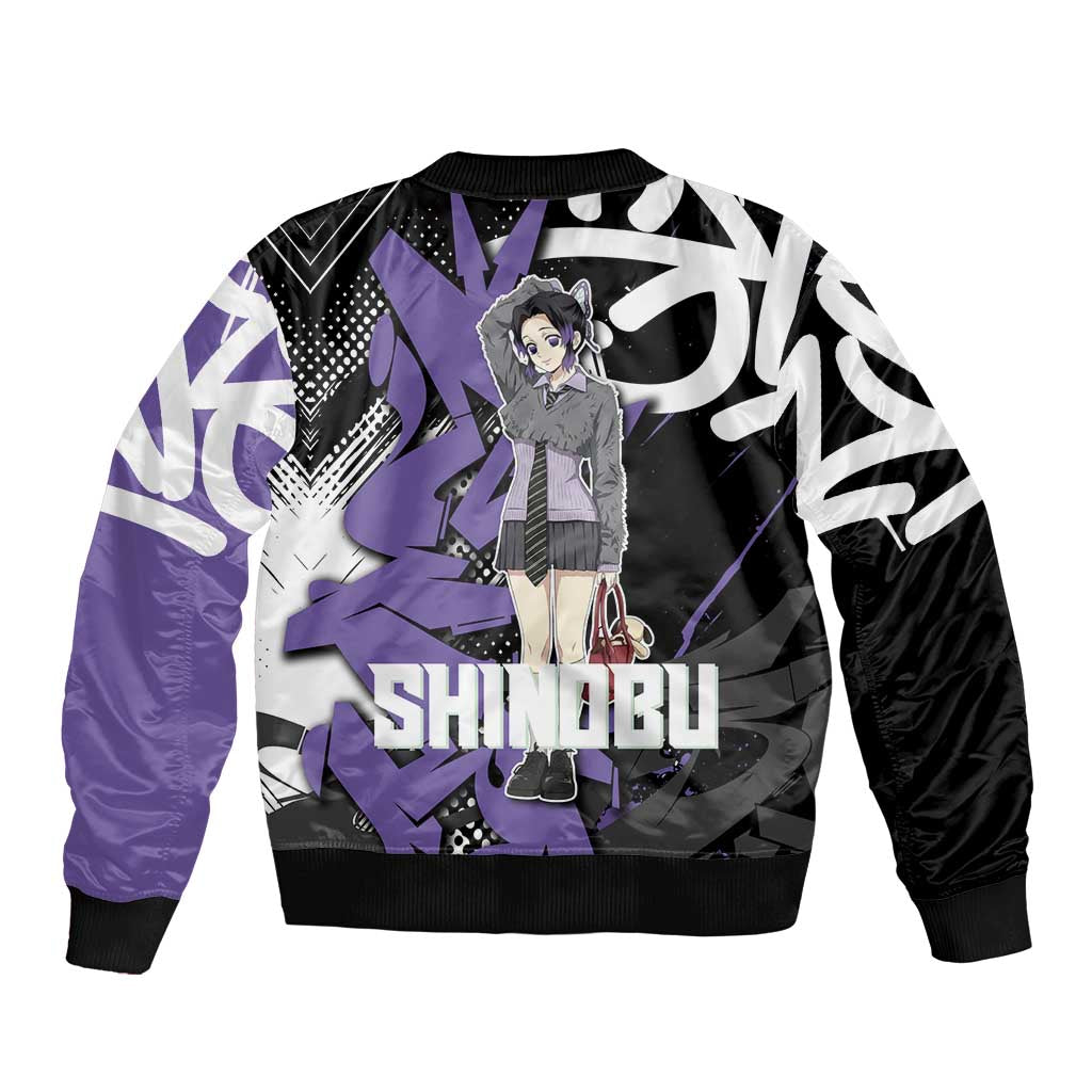 Kocho Shinobu Demon Slayer Sleeve Zip Bomber Jacket Purple & Black Graffiti Anime
