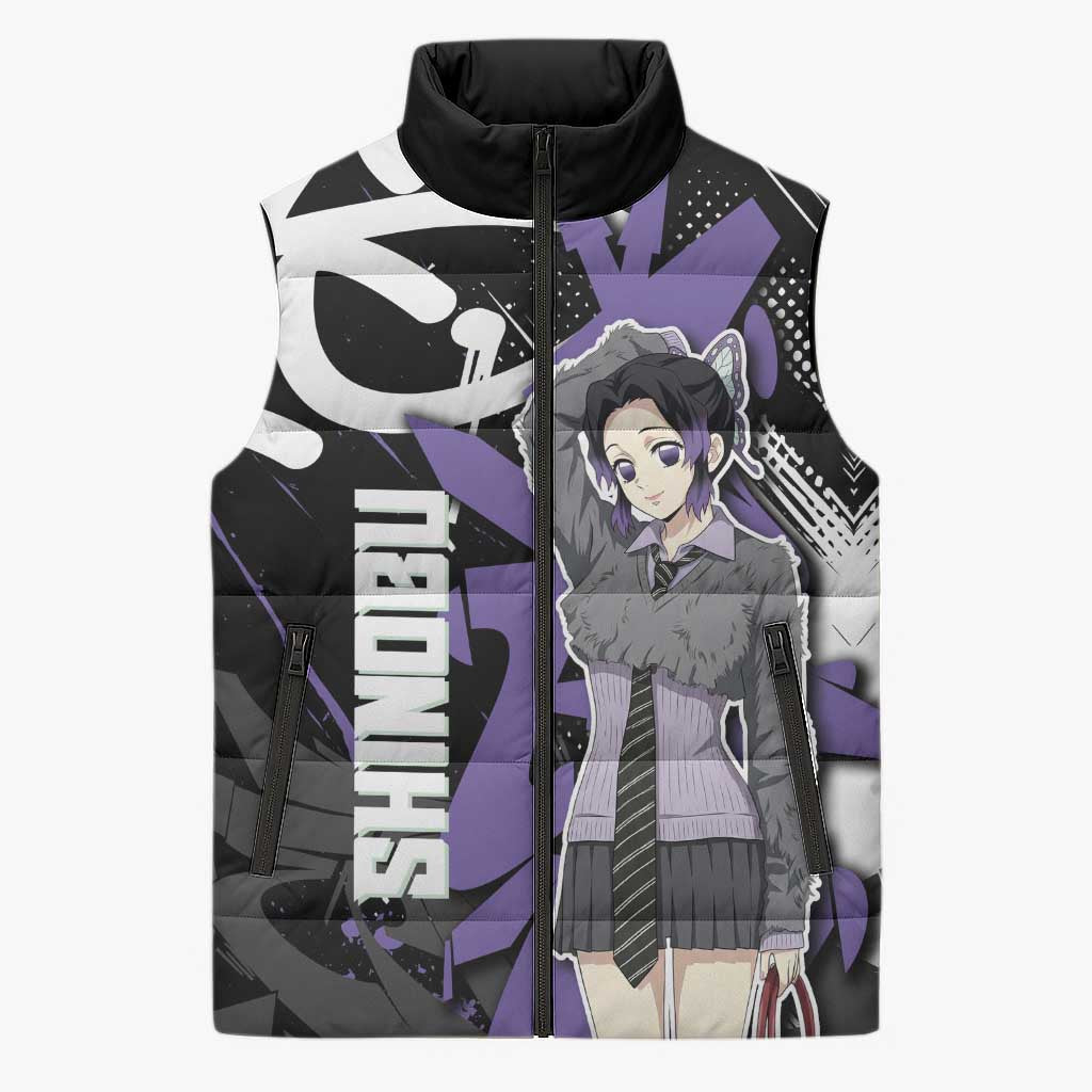Kocho Shinobu Demon Slayer Sleeveless Puffer Jacket Purple & Black Graffiti Anime