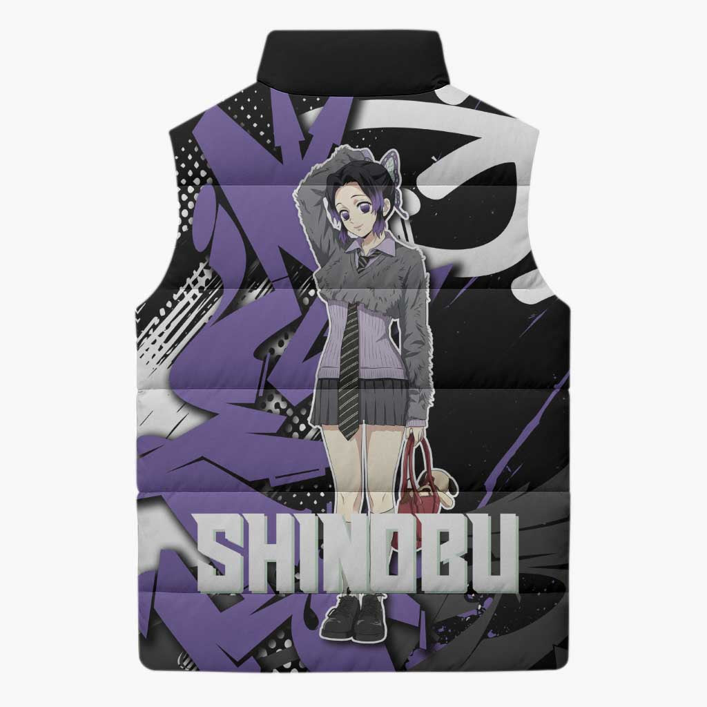 Kocho Shinobu Demon Slayer Sleeveless Puffer Jacket Purple & Black Graffiti Anime