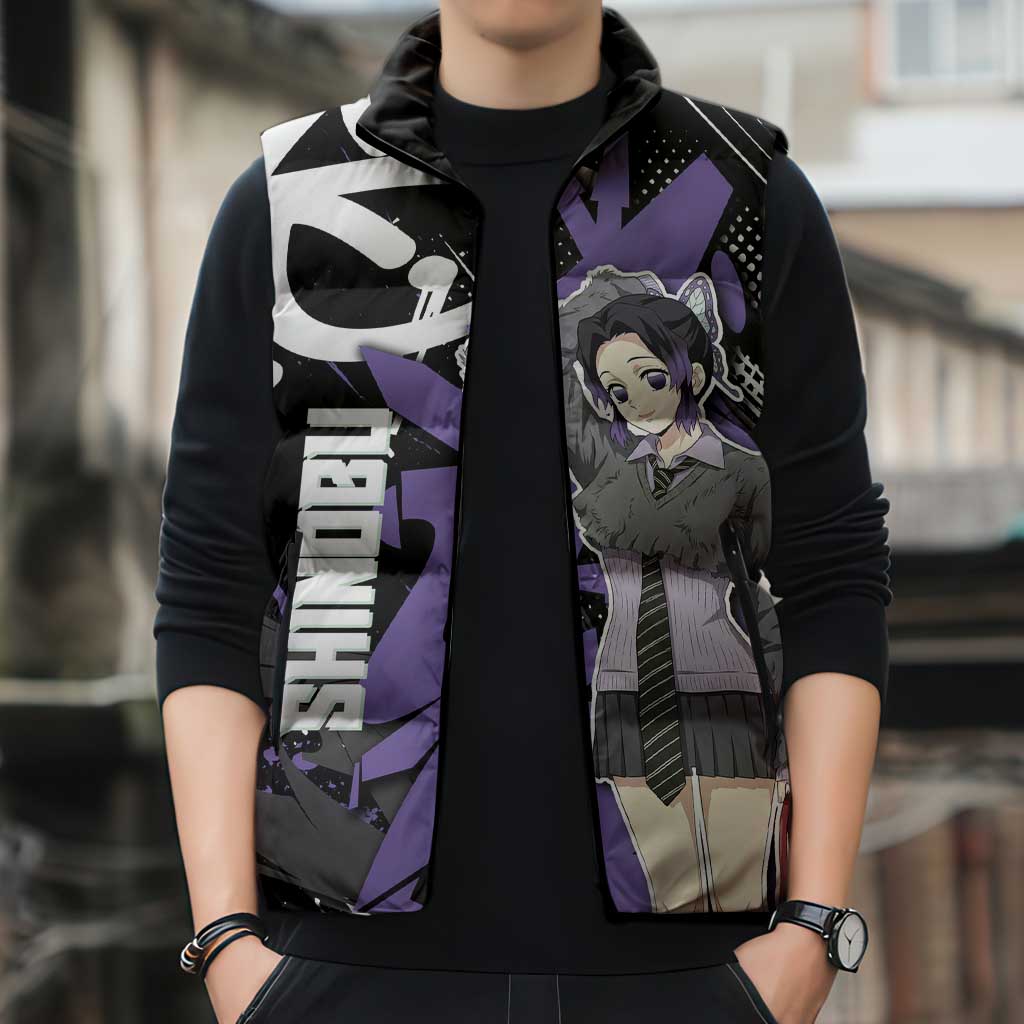 Kocho Shinobu Demon Slayer Sleeveless Puffer Jacket Purple & Black Graffiti Anime