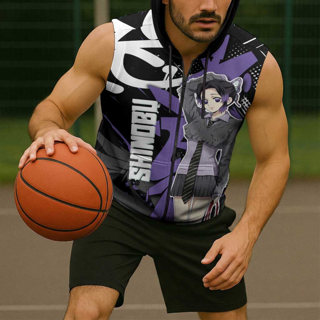 Kocho Shinobu Demon Slayer Sleeveless Zip Hoodie Purple & Black Graffiti Anime