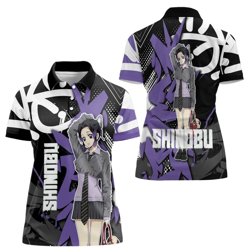 Kocho Shinobu Demon Slayer Women Polo Shirt Purple & Black Graffiti Anime