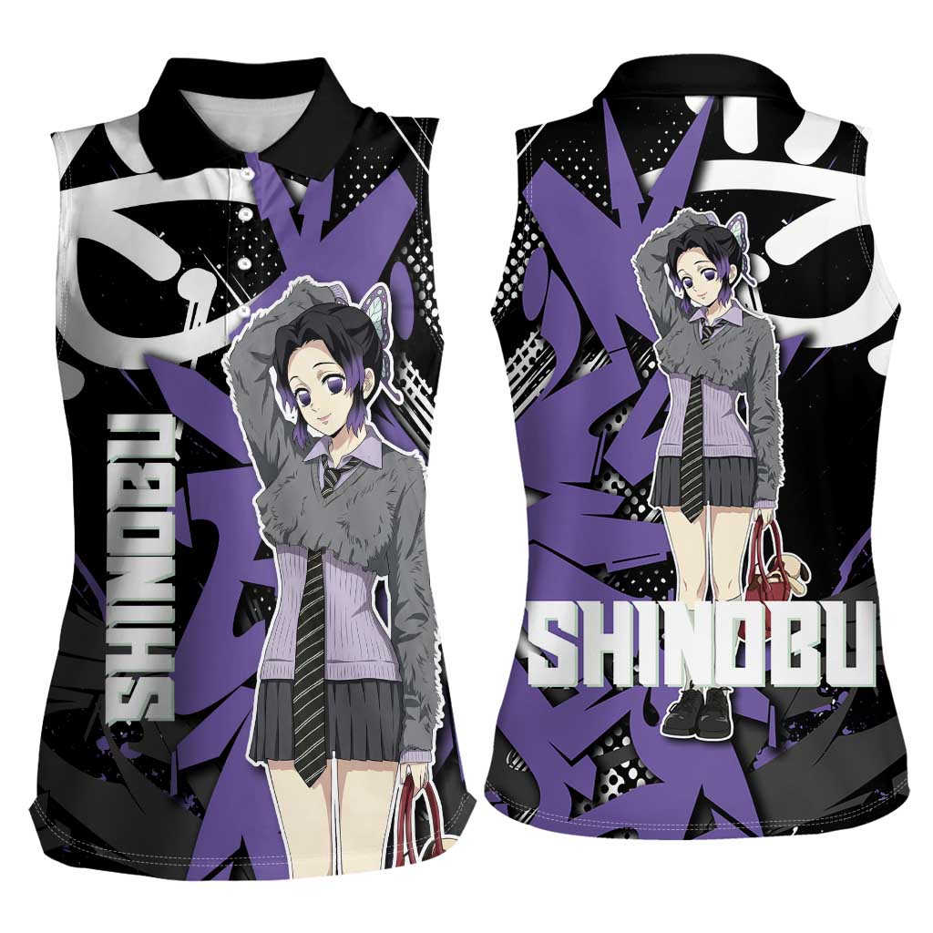 Kocho Shinobu Demon Slayer Women Sleeveless Polo Shirt Purple & Black Graffiti Anime