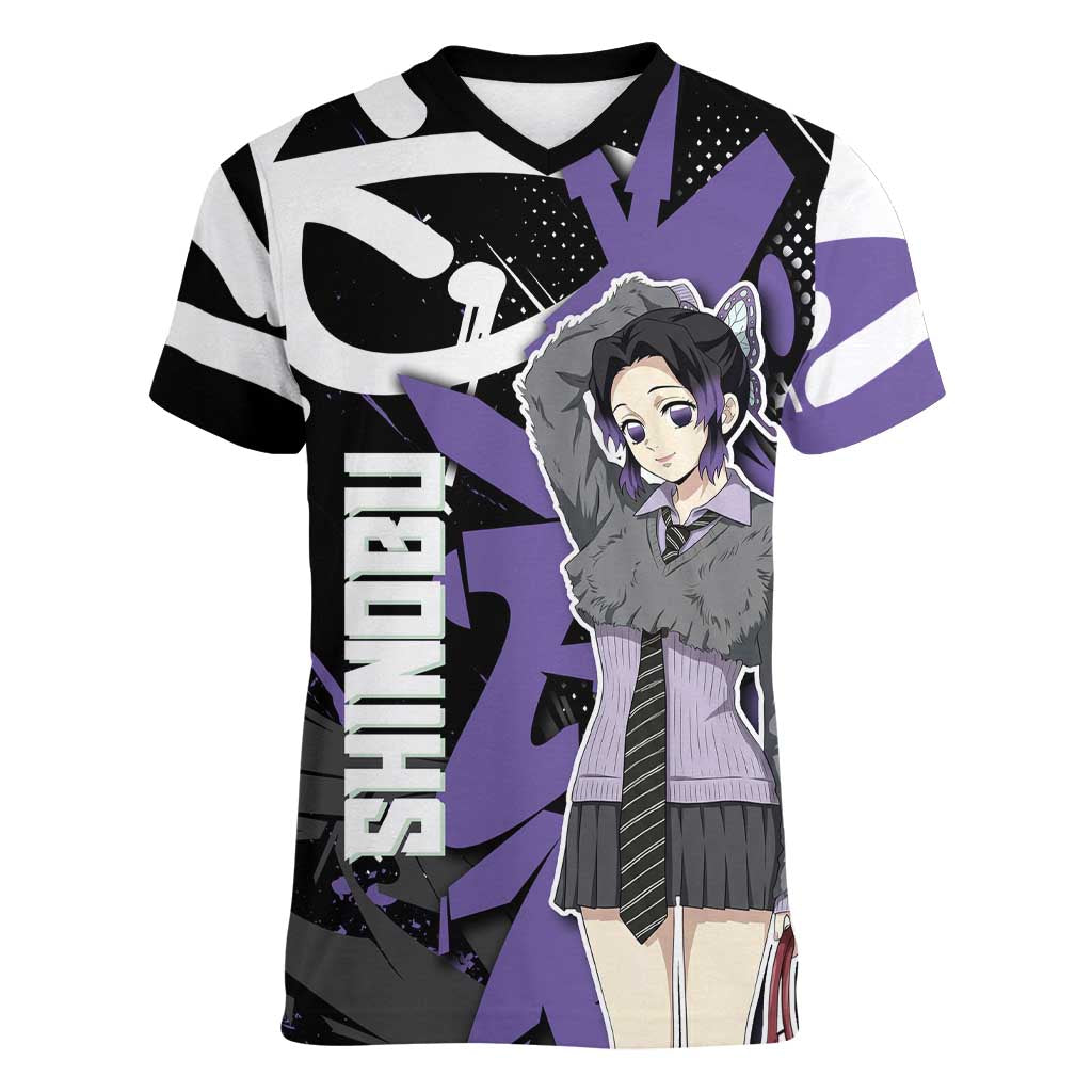 Kocho Shinobu Demon Slayer Women V-Neck T-Shirt Purple & Black Graffiti Anime