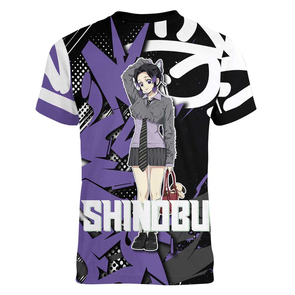 Kocho Shinobu Demon Slayer Women V-Neck T-Shirt Purple & Black Graffiti Anime