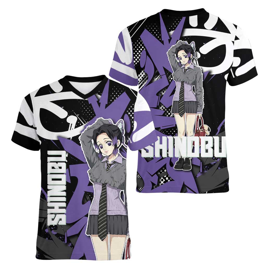Kocho Shinobu Demon Slayer Women V-Neck T-Shirt Purple & Black Graffiti Anime