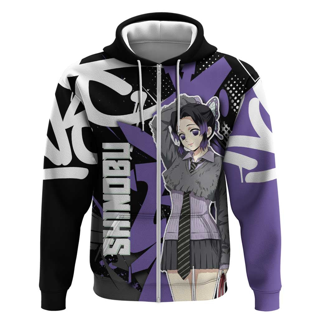 Kocho Shinobu Demon Slayer Zip Hoodie Purple & Black Graffiti Anime