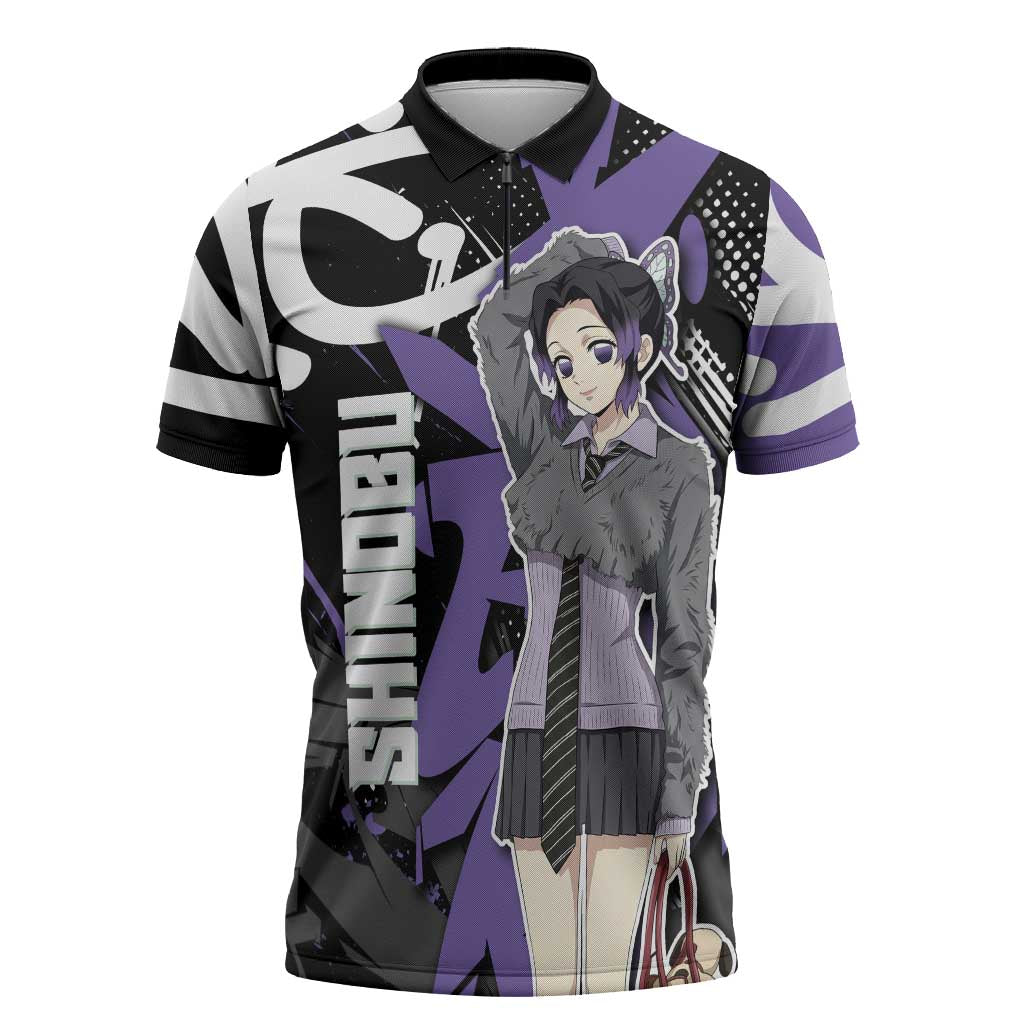 Kocho Shinobu Demon Slayer Zipper Polo Shirt Purple & Black Graffiti Anime