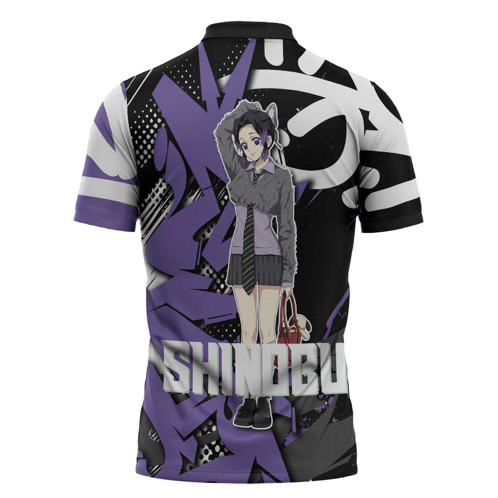 Kocho Shinobu Demon Slayer Zipper Polo Shirt Purple & Black Graffiti Anime