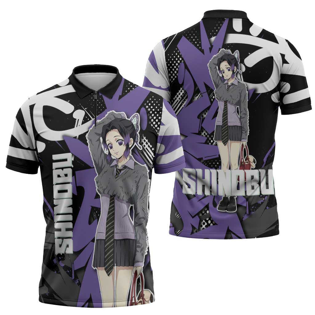 Kocho Shinobu Demon Slayer Zipper Polo Shirt Purple & Black Graffiti Anime
