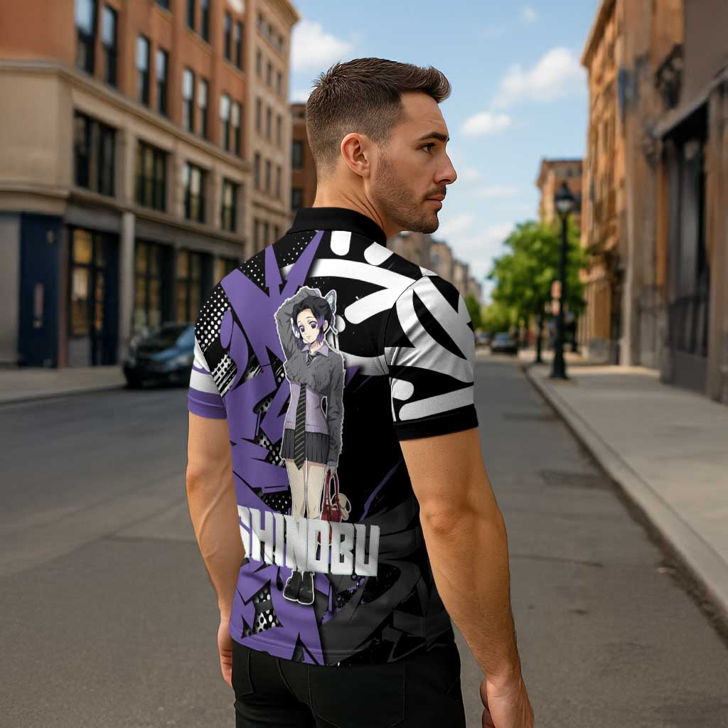 Kocho Shinobu Demon Slayer Zipper Polo Shirt Purple & Black Graffiti Anime