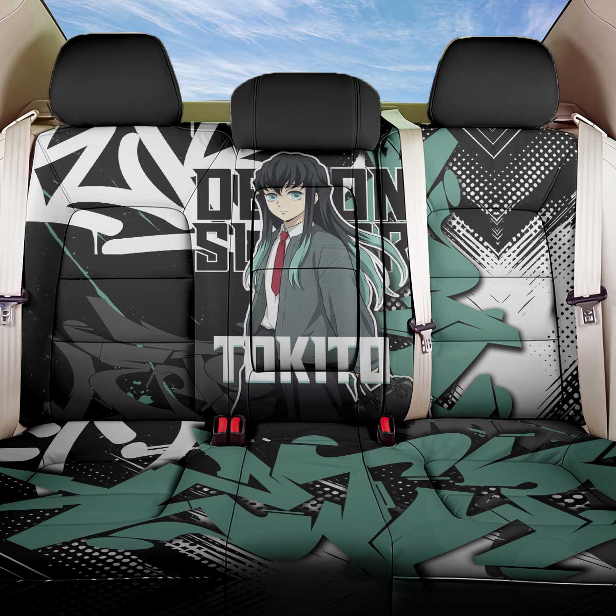 Muichiro Tokito Demon Slayer Back Car Seat Cover Teal & Black Graffiti Anime