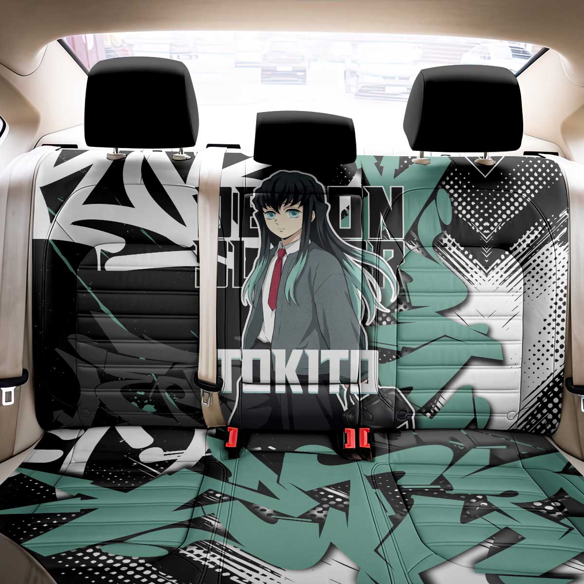Muichiro Tokito Demon Slayer Back Car Seat Cover Teal & Black Graffiti Anime