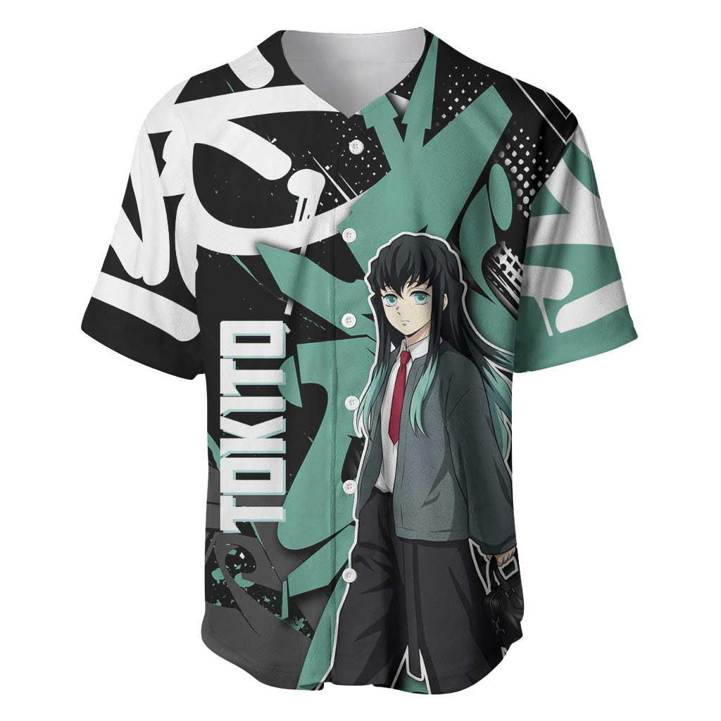 Muichiro Tokito Demon Slayer Baseball Jersey Teal & Black Graffiti Anime