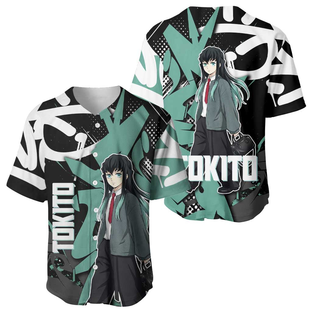 Muichiro Tokito Demon Slayer Baseball Jersey Teal & Black Graffiti Anime