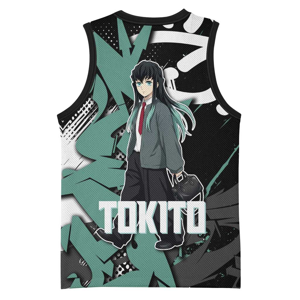 Muichiro Tokito Demon Slayer Basketball Jersey Teal & Black Graffiti Anime