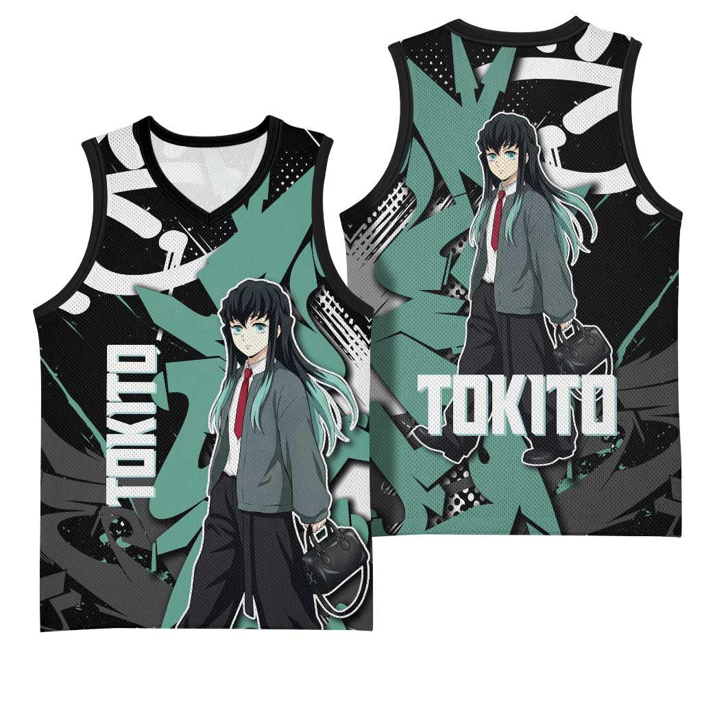 Muichiro Tokito Demon Slayer Basketball Jersey Teal & Black Graffiti Anime